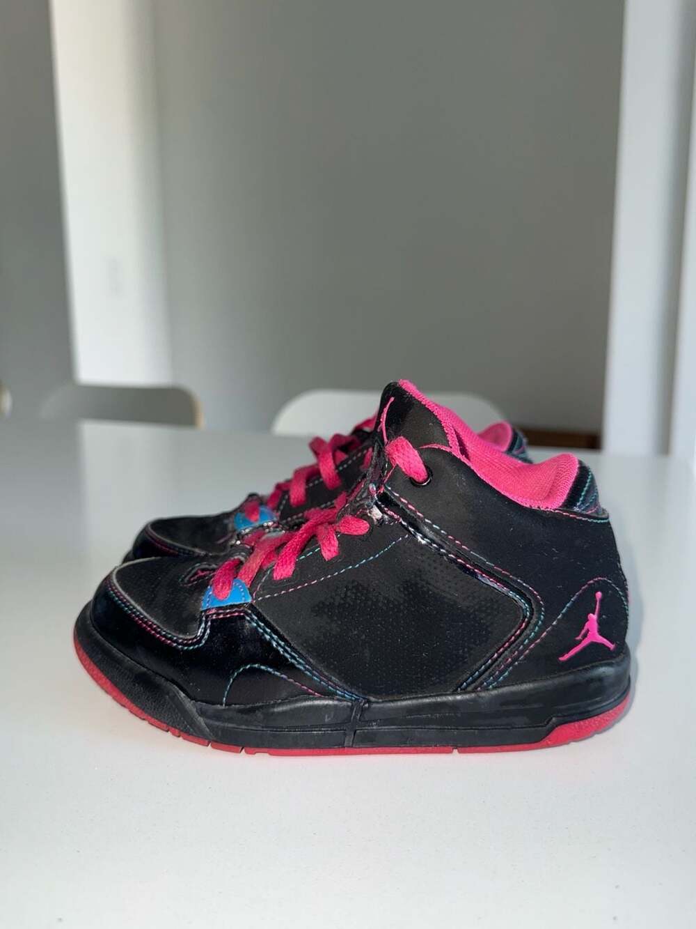 Jordan Flight 45 High Black Pink Blue Glow Girls Size 11C